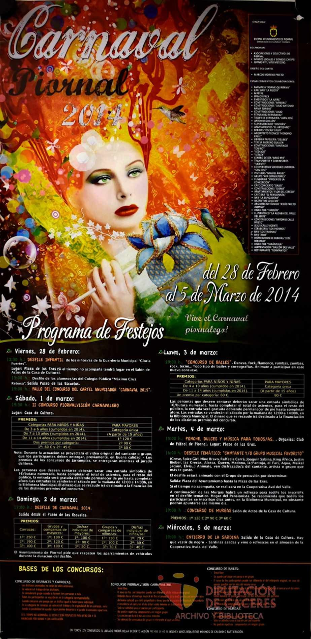 Plakat für das Karnevalsfest 2014 mit einer Frau in einem bunten Kleid, die strahlend in der Mitte steht, umgeben von fetter schwarzer Schrift auf einem leuchtenden gelben Hintergrund.