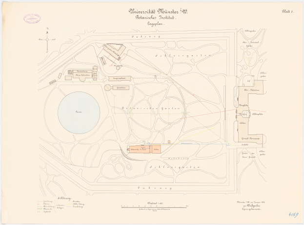 Eine detaillierte Karte von Berlin, Deutschland, mit der Universität Münster in der Mitte, die Gebäude, Straßen und andere Merkmale zeigt, zusammen mit Text, der Informationen über die Größe, den Standort und die Annehmlichkeiten der Universität bietet.