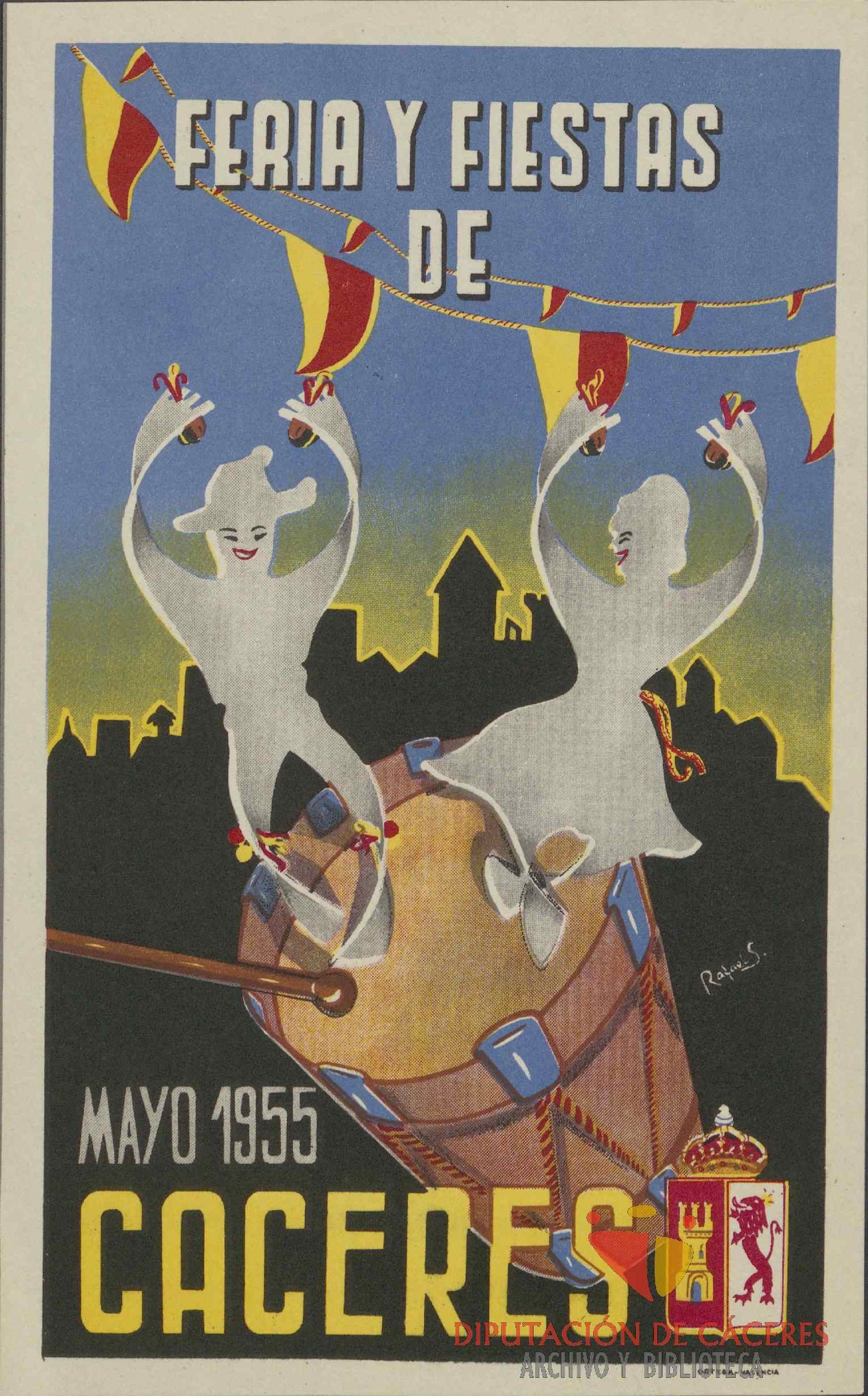 Buntes Plakat, das das Karnevalsfest 'Feria y Fiestas de Cáceres' in Spanien ankündigt, mit traditionellen Kostümen, gelbem Hintergrund und schwarzer Schrift.