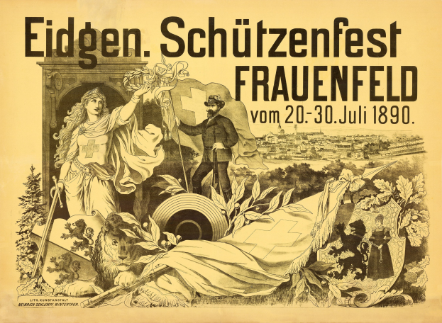 Plakat für das Eidgenössische Schützenfest in Frauenfeld, Deutschland, das einen Mann in einem Anzug und eine Frau in einem Kleid zeigt, die nebeneinander stehen, sowie weitere Details.