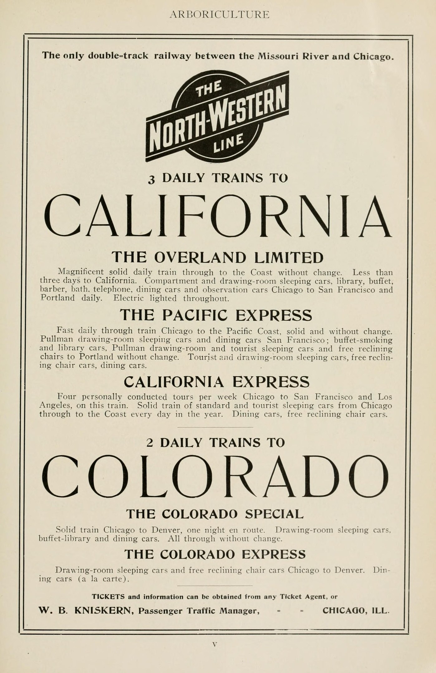 Papier mit gedrucktem Text, der drei tägliche Züge ankündigt: The Overland Limited, The Pacific Express und Colorado auf der North Western Line.