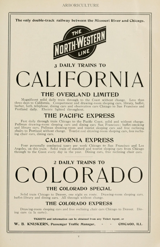 Papier mit gedrucktem Text, der drei tägliche Züge ankündigt: The Overland Limited, The Pacific Express und Colorado auf der North Western Line.