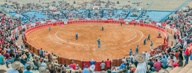 Große Zuschauermenge bei einer Stierkampfveranstaltung in einer Arena, mit Zuschauern, die stehen, sitzen und Gegenstände halten, einschließlich einer Person mit Hut unten.