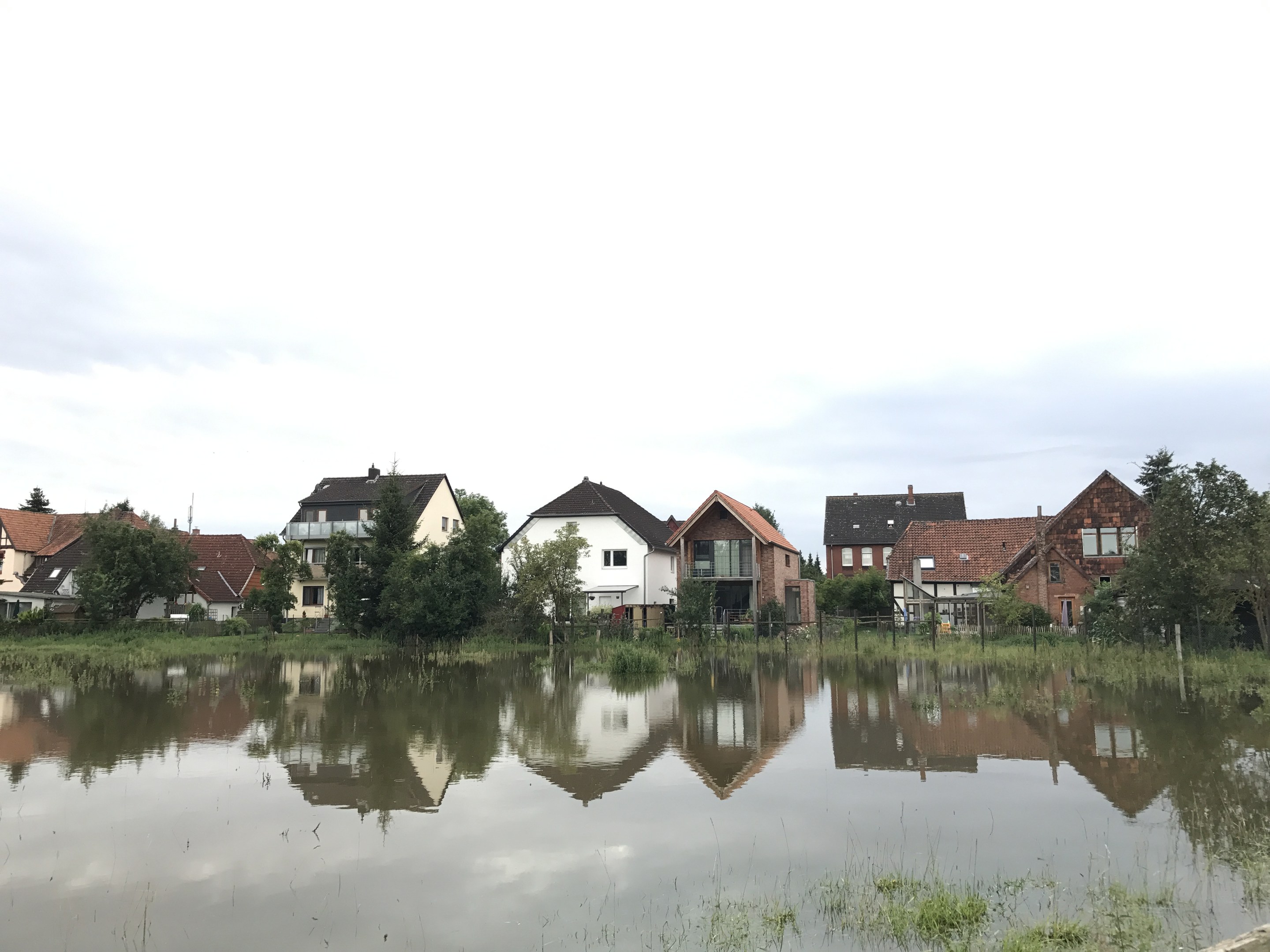 Eine überflutete Straße mit Häusern im Hintergrund, umgeben von Wasser, Gras, Pflanzen, Bäumen und Pfählen, unter einem sichtbaren Himmel.