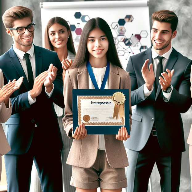 Eine Gruppe von Menschen in einem beruflichen Setting, die klatschen und feiern, während eine Frau in der Mitte ein Zertifikat hält und eine Medaille um den Hals trägt.