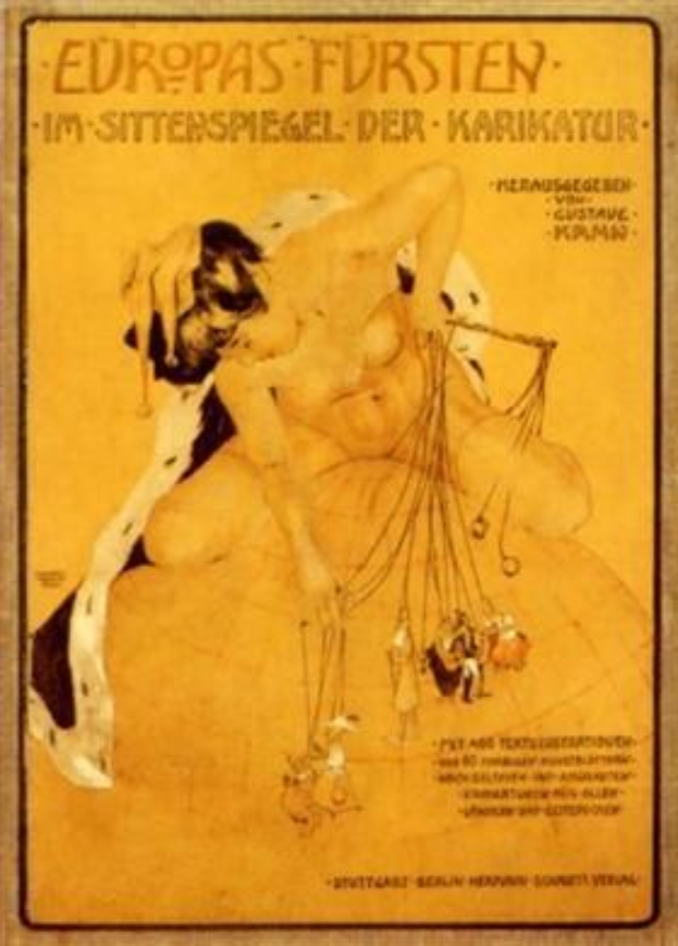 Plakat, das eine Zirkusnummer mit einer Frau in einem Bikini und einem Mann in einer Badehose ankündigt, betitelt mit "Europas Fursten - Im Sittenspiegel der Karikatur" in gedämpften Blautönen und Grautönen.