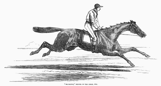 Eine Schwarz-Weiß-Zeichnung eines Jockeys in Hut und Mantel auf einem galoppierenden Pferd mit der Aufschrift "Sieger des Derby 1886" unten.