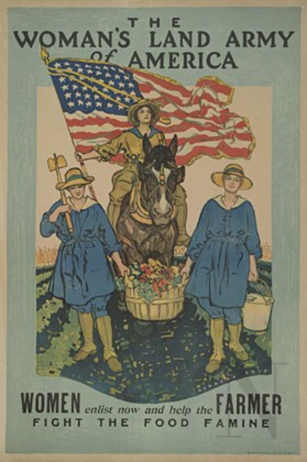 Ein Plakat mit einer Frau auf einem Pferd, die eine Fahne hält, und zwei Frauen vor Körben mit Lebensmitteln, die für Frauen kämpfen gegen die Lebensmittelknappheit.