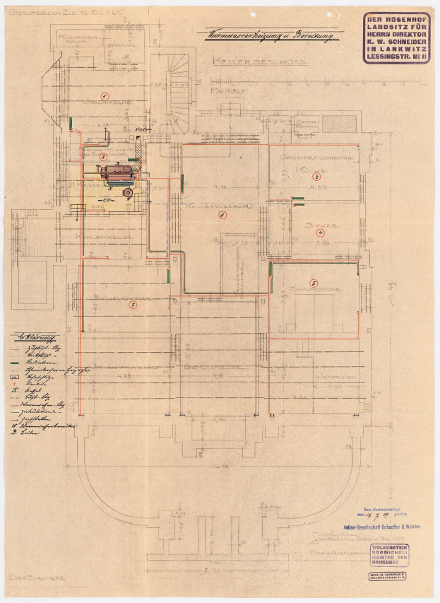 Schwarz-weißer Architekturplan des Rosenhof-Krankenhauses in Hamburg, Deutschland, mit detaillierter Darstellung mit zahlreichen Kabeln, Räumen, Fluren und Textanmerkungen auf altem Papier.