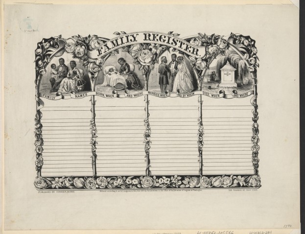 Schwarz-weißes Familienstammbuch mit Gruppenfoto in der Mitte und handgeschriebenem Text über die Familienmitglieder.