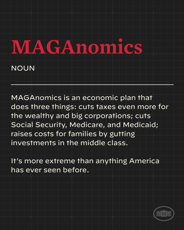Plakat mit fettem schwarzem Text auf einem weißen Hintergrund, eingerahmt von einem schmalen schwarzen Rand, das "Maganomics: Ein Wirtschaftsplan, der drei Dinge tut - Steuern weiter für Reich und große Unternehmen senken." zeigt.