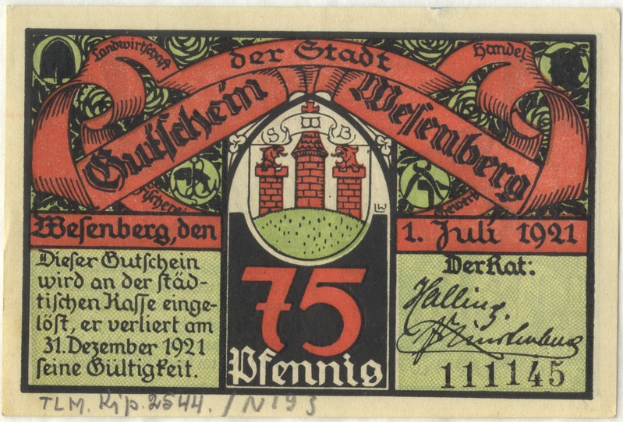 Ein altes deutsches Banknotenbild mit einer Gebäudeillustration, dem Text "Bundesliga" und einem Logo unten auf einem weißen Hintergrund.