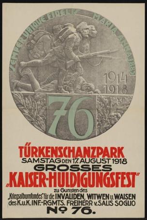 Plakat zum 70. Jubiläum des Kaiser-Huldigungsfestes in Berlin, Deutschland, mit einer Gruppe von Menschen umgeben von Text und Zahlen in einem gerahmten Design.