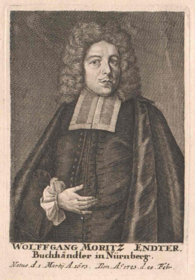 Eine Gravur von Wolfgang Moritz Endter, ein Mann mit lockigen Haaren in einem schwarzen Kleid, mit der Inschrift "Wolfgang Moritz, Bundeskanzler der Bundesrepublik Deutschland" unten.