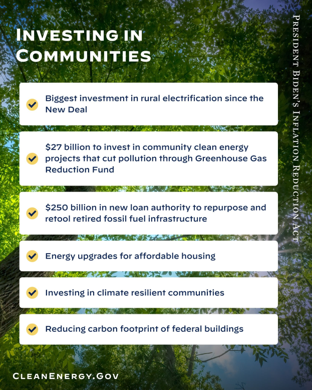 Plakat mit Bäumen und Himmel als Hintergrund mit dem Text "Investing in Communities: Größte Investition in ländliche Elektrizität seit dem New Deal".