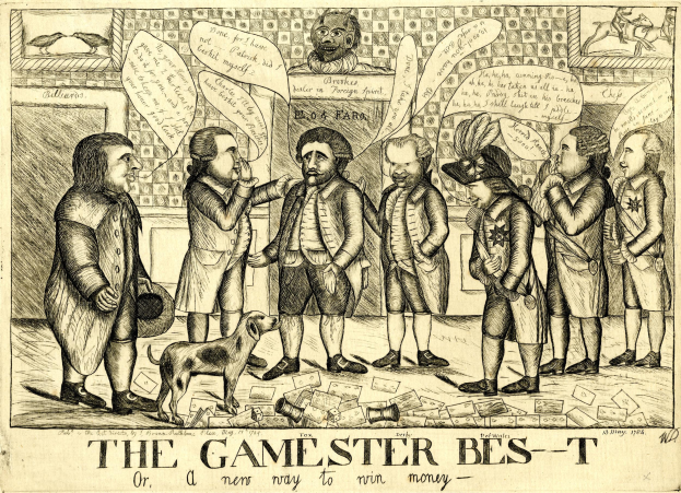 Ein Blatt Papier mit einer Zeichnung von Menschen, die mit einem Hund ein Spiel spielen, betitelt mit "The Gamester Bes-T or a New Way to Win Money."