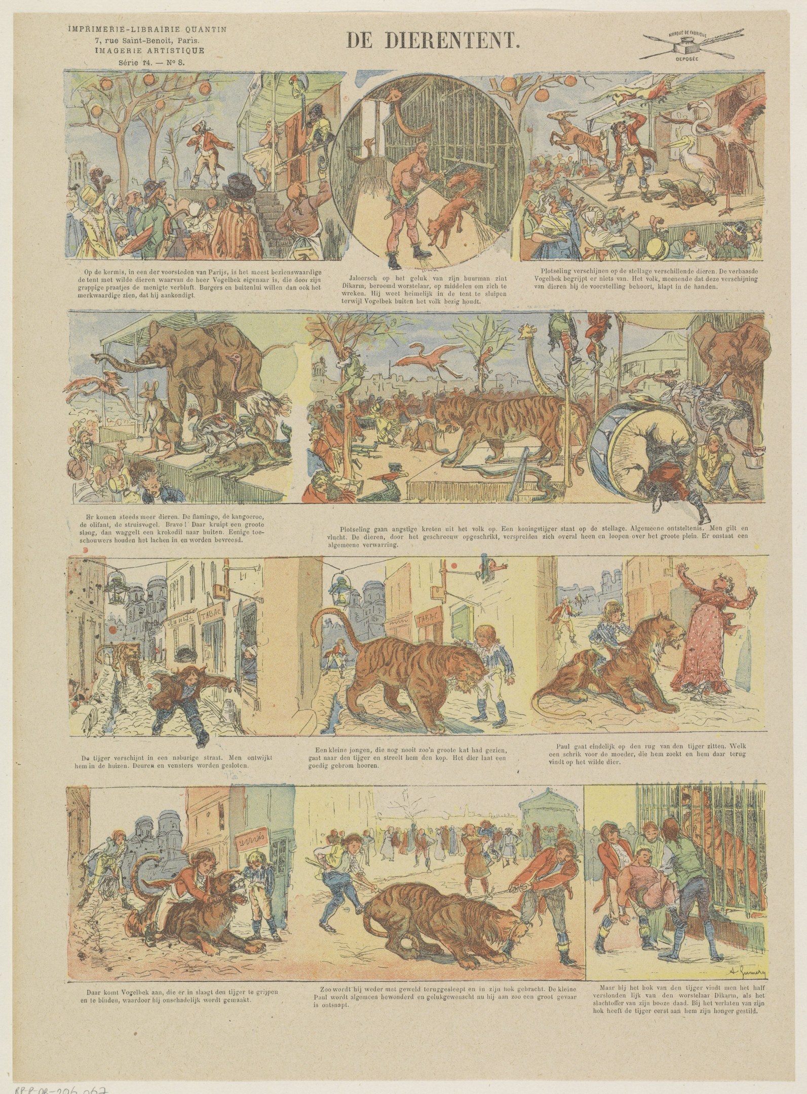 Eine Buchseite mit einer Zeichnung von Menschen und Tieren, darunter ein Tiger, sowie begleitendem Text.