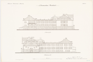 Eine Zeichnung eines großen Gebäudes mit zahlreichen Fenstern, das als Chemistes Institut in den Niederlanden bezeichnet ist, auf einem Papier mit zusätzlichem Text.