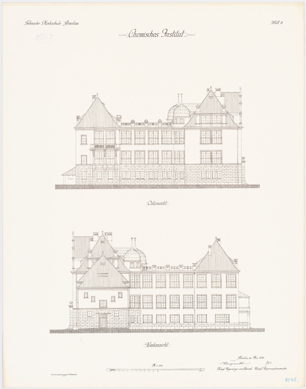 Eine Zeichnung eines großen Gebäudes mit zahlreichen Fenstern, das als Chemistes Institut in den Niederlanden bezeichnet ist, auf einem Papier mit zusätzlichem Text.