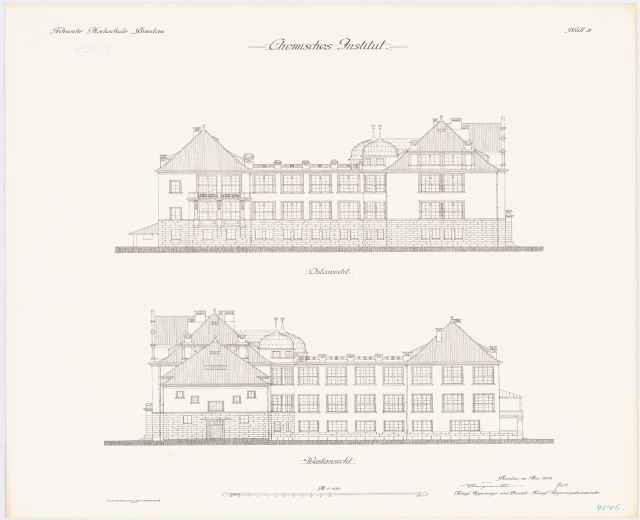 Eine Zeichnung eines großen Gebäudes mit zahlreichen Fenstern, das als Chemistes Institut in den Niederlanden bezeichnet ist, auf einem Papier mit zusätzlichem Text.
