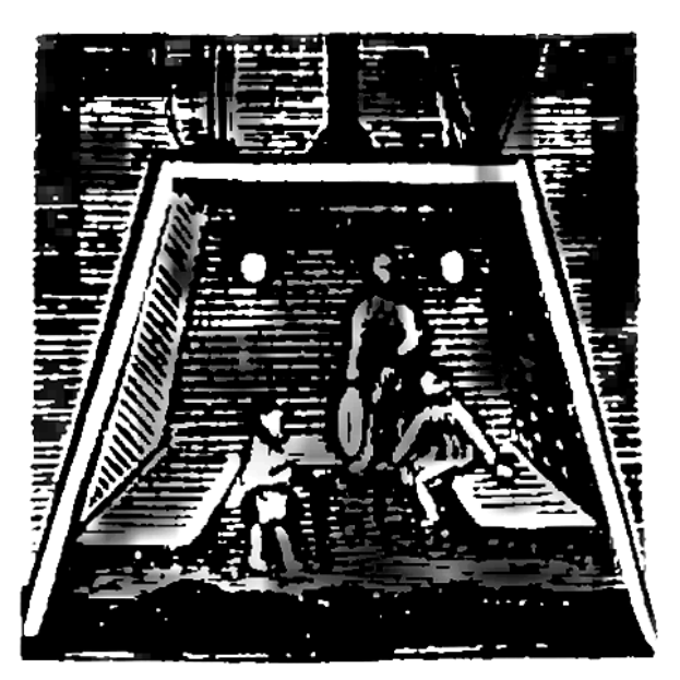 Eine Schwarz-Weiß-Zeichnung eines Fußballspiels im Gange, mit zwei Spielern in der Mitte, einem im Vordergrund und einem im Hintergrund, die Fußballtrikots tragen, und ein Torpfosten in der Ecke sichtbar ist.