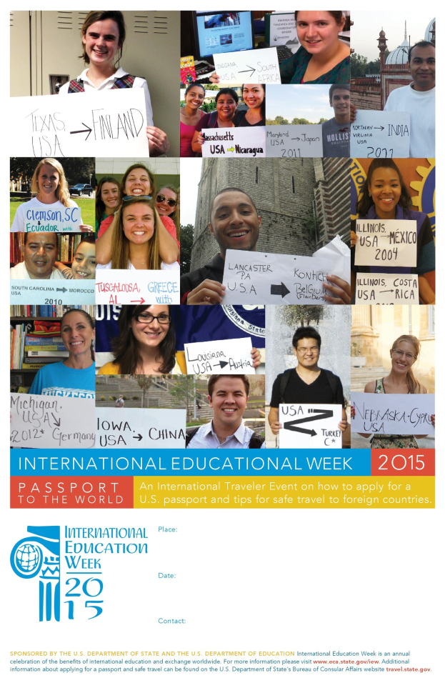 Plakat für die Internationale Bildungswoche 2015, das eine Gruppe von lächelnden Menschen mit Schildern zeigt.