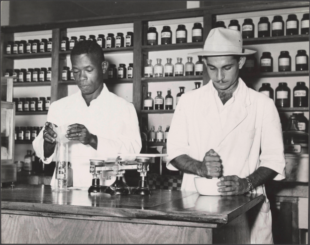 Zwei Männer in weißen Kitteln und Hüten stehen an einem Tresen in einer Apotheke mit einer Waage, einer Schüssel und Regalen mit Flaschen im Hintergrund, dargestellt in Schwarz-Weiß.