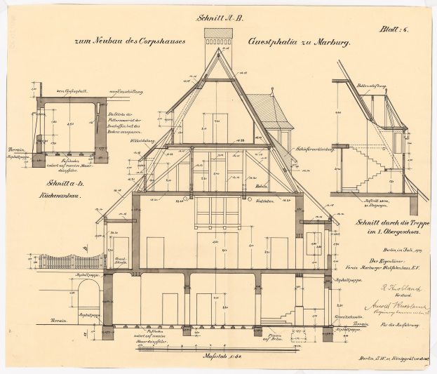 Ein detailliertes architektonisches Zeichnung eines Hauses mit zahlreichen Fenstern und einem Dach, das als erstes Haus in Deutschland gilt, begleitet von strukturellen Plänen und Text auf Papier.