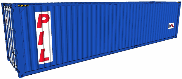 Blauer Seecontainer mit "PL"-Markierung auf weißem Hintergrund.