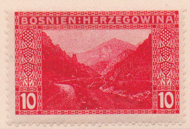 Eine rote Briefmarke aus dem Jahr 1938 mit der Aufschrift "Bosnien Herzegowina" und einer Illustration von Bergen und einem Fluss in unbenutztem Zustand.
