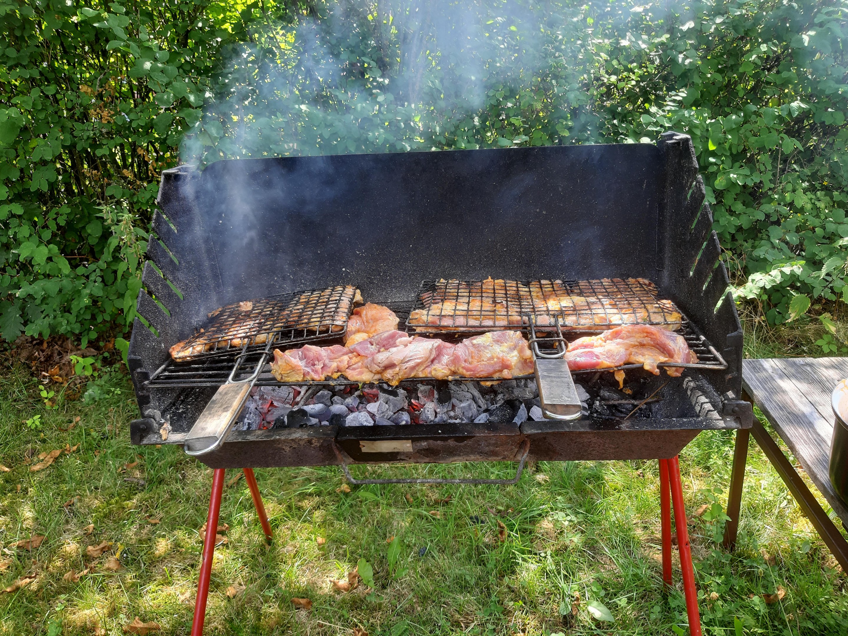 Grill mit Fleisch darauf auf einer Wiese, umgeben von Bäumen, mit einem Tisch auf der rechten Seite, auf dem eine Schüssel und andere Gegenstände stehen.