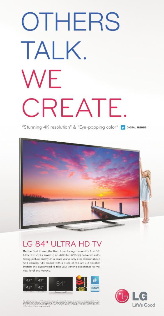 Ein Plakat mit einem Fernseher, einem Mädchen, das daneben steht, und Text.