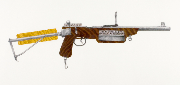 Eine Waffe ist vor einem neutralen Hintergrund zu sehen.