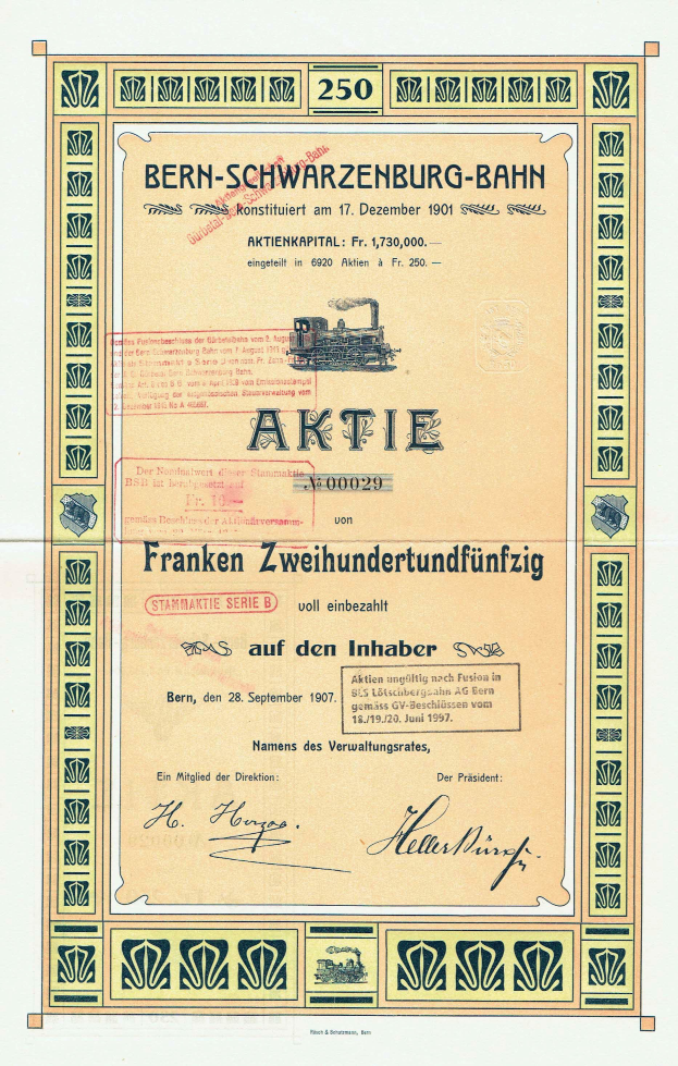 Ein altes Aktienzertifikat der Deutschen Regierung Bern-Schwarzenburg-Bahn, das Text und eine Abbildung eines Zuges enthält.