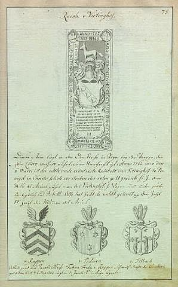 Ein altes Buch mit einem Familienwappen aus dem 17. Jahrhundert, begleitet von Text und Bildern zur Familiengeschichte und -kultur.
