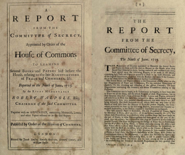 Ein aufgeschlagenes Buch mit dem Titel "Der Bericht des Geheimhaltungsausschusses, ernannt durch Beschluss des House of Commons" auf dem Cover.