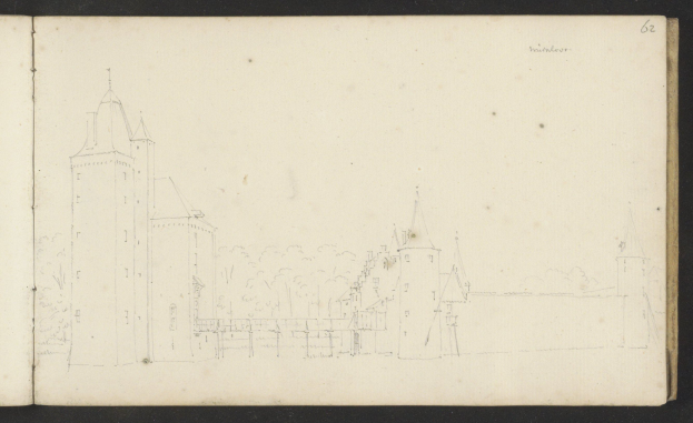 Ein aufgeschlagenes Buch mit der Aufschrift "Johannes Vermeulens Skizze der Stadt Heidelberg, Deutschland" zeigt eine Zeichnung eines von Bäumen umgebenen Schlosses.