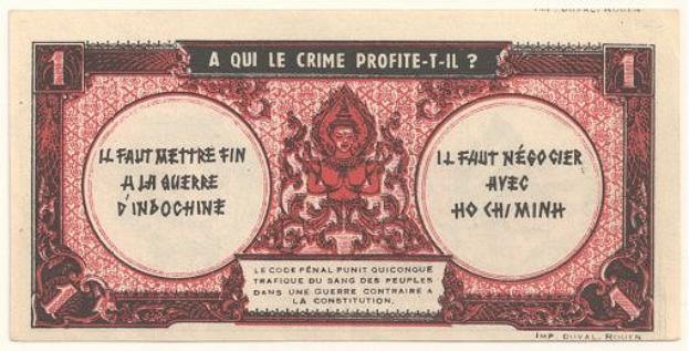 Ein altes französisches Banknotenbild mit einem ernst dreinblickenden Mann im Anzug, der Text "A qui le crime profite-il?" und ein weißer Hintergrund mit schwarzem Rand.