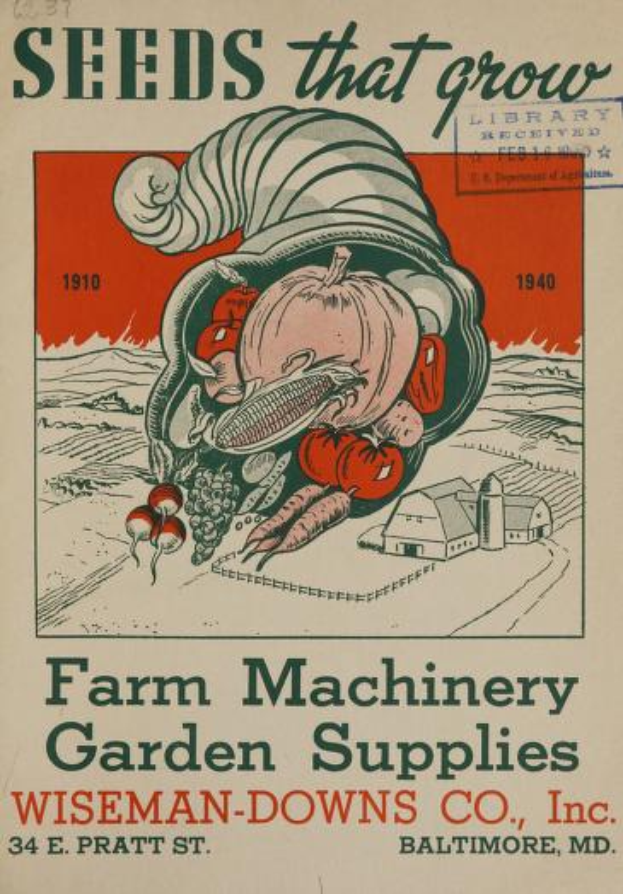 Ein Vintage-Plakat von Wiseman-Downs Co., Inc., das verschiedene Farmgeräte und Gartenzubehör zeigt.
