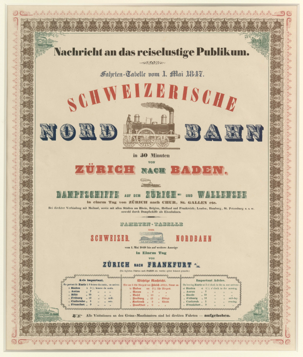 Plakat mit einem Zug auf einem hellgelben Hintergrund, schwarzem und weißem Karomuster und der Aufschrift "Schweizerische Nordbahn in Baden, Deutschland" in fetter, schwarzer Schrift mit einem dekorativen Rahmen.