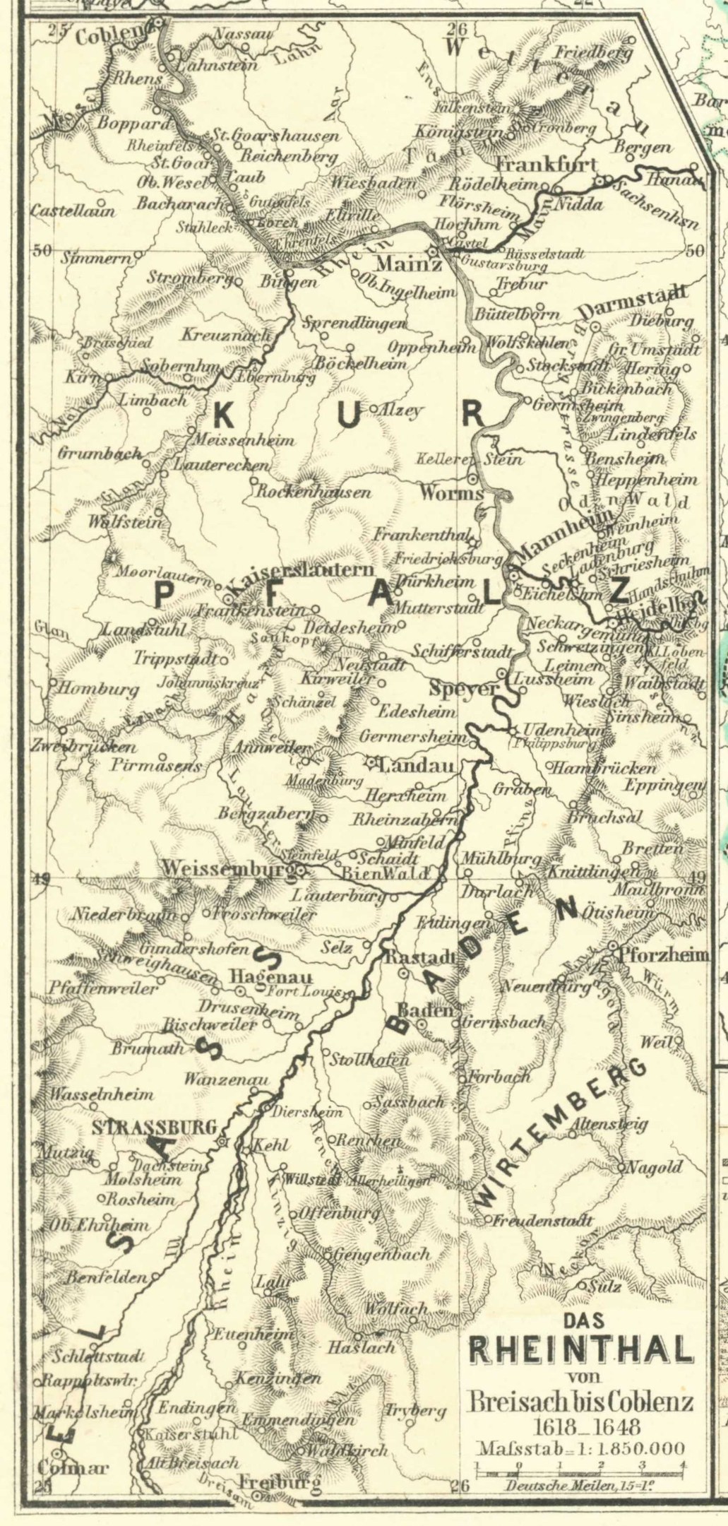 Ein detaillierter alter Plan des Rheins in Deutschland, der Flüsse, Städte und Gewässer zeigt, mit Text oben und unten, der zusätzliche geographische Informationen bietet.