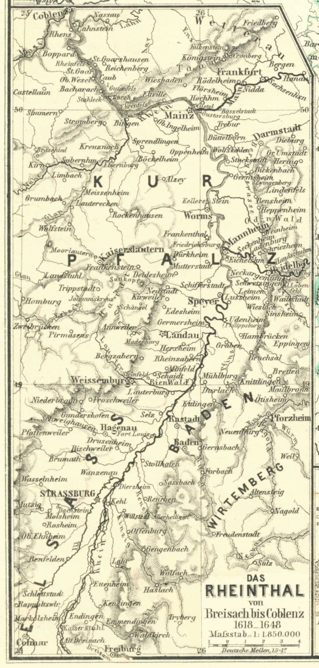 Ein detaillierter alter Plan des Rheins in Deutschland, der Flüsse, Städte und Gewässer zeigt, mit Text oben und unten, der zusätzliche geographische Informationen bietet.
