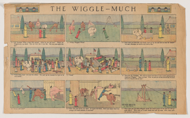 Ein buntes, verspieltes Comic-Strip namens "wiggle-much" mit illustrierten Menschen, Tieren und Objekten in fetter Schrift auf einem Papierhintergrund.