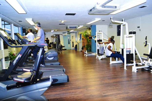 Ein Fitnessstudio mit verschiedenen Geräten und Menschen, die trainieren, mit einer Pflanze auf der rechten Seite.