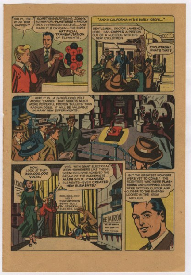 Eine Comicseite mit einem Mann in einem marineblauen Anzug, weissem Hemd und roter Krawatte mit einem ernsten Gesichtsausdruck, umgeben von einer Collage aus Illustrationen und fetter schwarzer Schrift.