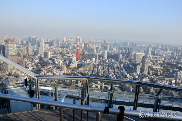 Luftaufnahme einer Stadt mit Gebäuden, einem Fluss, einem Metallstabzaun im Vordergrund und Text unten.
