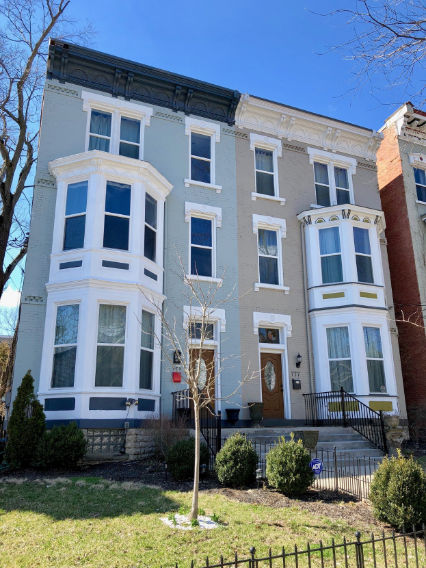 Eine Reihe von Stadthäusern in Washington, DC, mit Fenstern, Türen, Treppen, Geländern, Pflanzen, Bäumen, Gras, einem Zaun im Vordergrund und dem Himmel im Hintergrund.