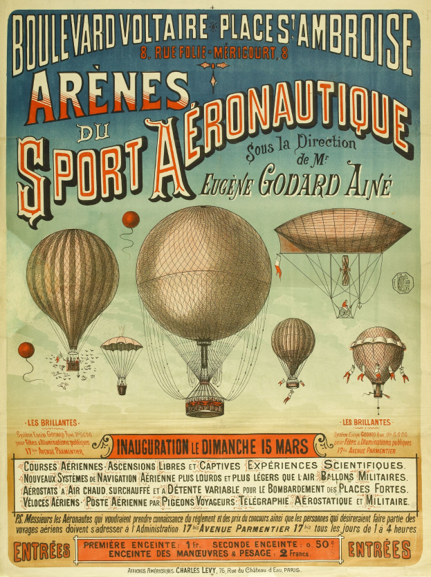 Alte Plakatwerbung für ein Sport-Aeronautik-Event mit mehreren Heißluftballons am Himmel und Text, der das Ereignis beschreibt.