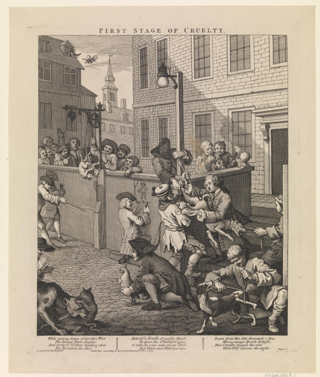 Gruppe von Menschen und Tieren versammelt um ein Gebäude mit Fenstern und einem Laternenmast, mit Text unten: "Erste Stufe der Grausamkeit"