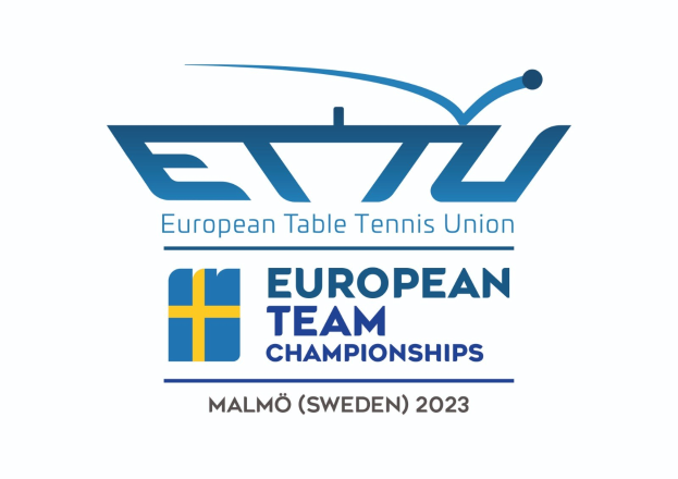 Das Logo der Europäischen Tischtennis-Union (ETTU) für die Europameisterschaften im Team, bestehend aus einem blauen Kreis mit einem weißen Tischtennisschläger in der Mitte, umgeben von einem weißen und blauen Rand, mit schwarzer Schrift darunter.
